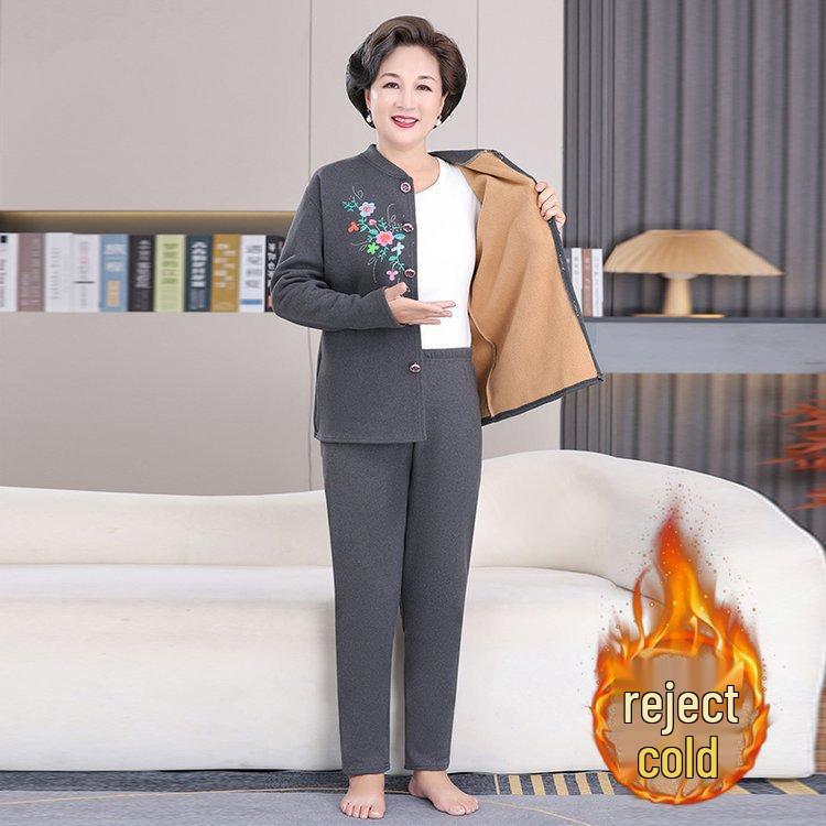 Thick Fleece-Lined Velvet Cardigan & Pants Set for Elderly Women, Plus Size - Perfect Winter Wear for Moms