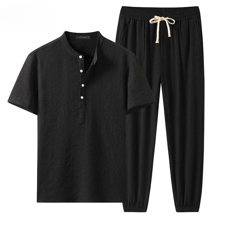 Linen Short-sleeved Suit Men's Summer Thin Ice Silk Loose Breathable Casual Two-piece Suit