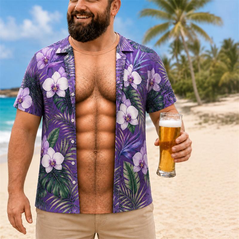 Funny 3D Print Muscle Belly Graphic T Shirt Men Hawaii Floral Leaf Pattern Casual Summer Short Sleeve Tops Beach Trip Pool Party