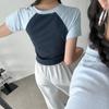 New Arrivals Open Run Women Crop Raglan ShorT Sleeve T shirT Two Tone Round Neck