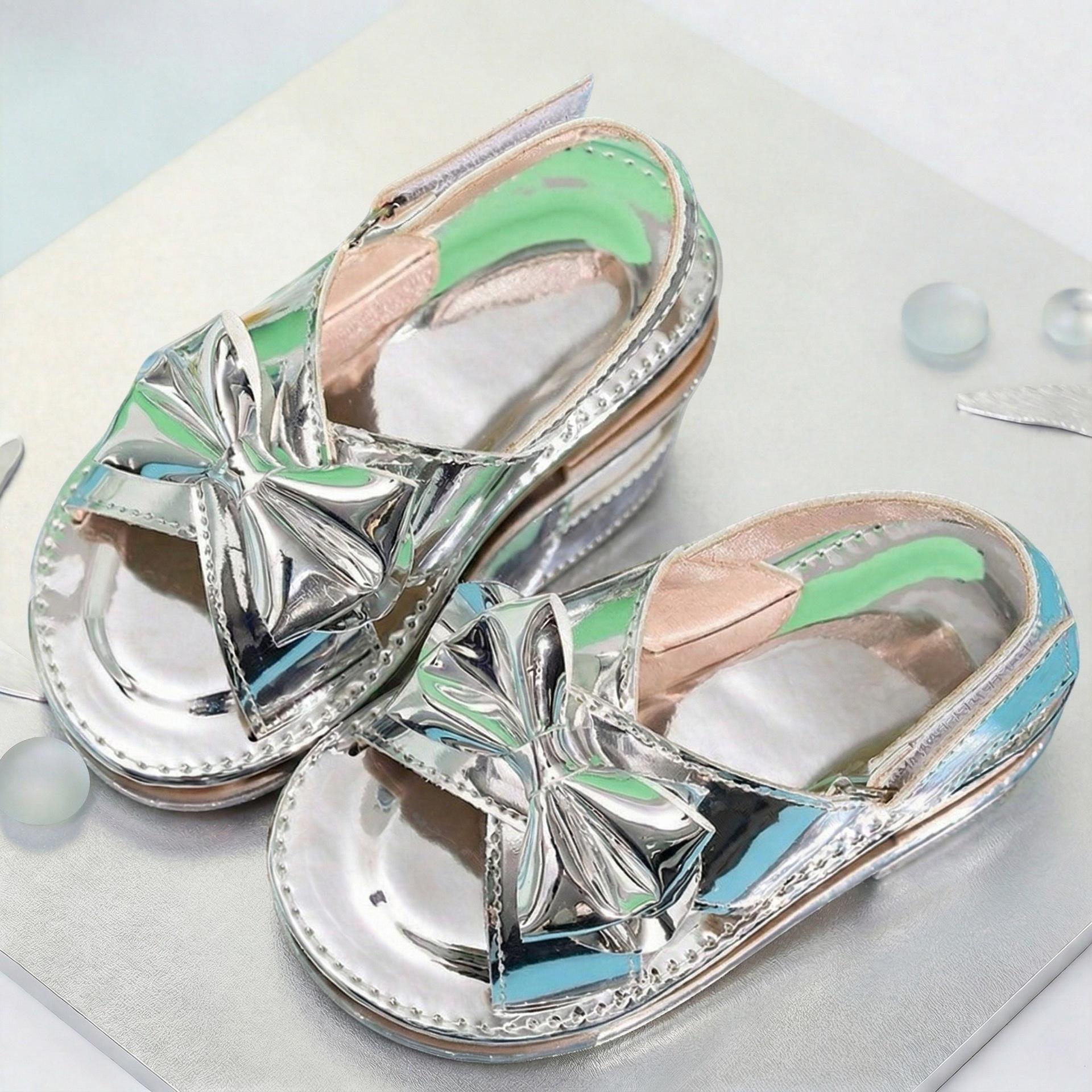 Girls  Silver Bow Velcro Soft Sole Sandals - Non-Slip Korean Style for Baby s Summer Wear 24
