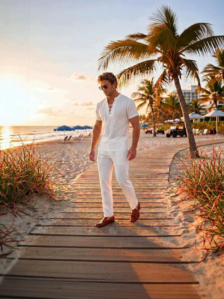 Men's European American Style Casual Sportswear: Tie-up Short Sleeve and Suit Pants Two-piece Summer Set