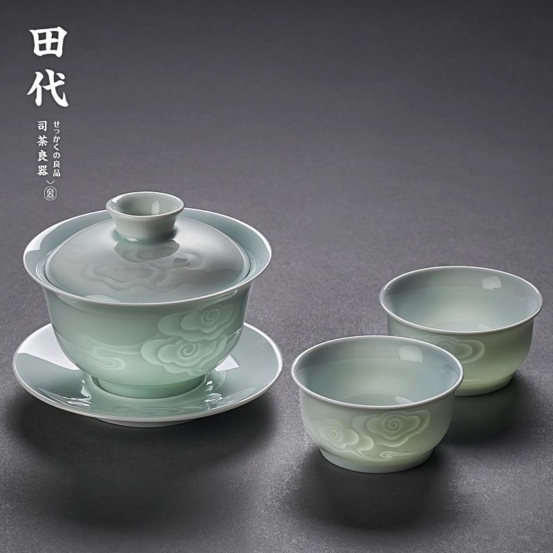 180ML celadon cover bowl, Chinese style pure hand-carved Kung Fu tea set, tea bowl, hand-held tea bowl