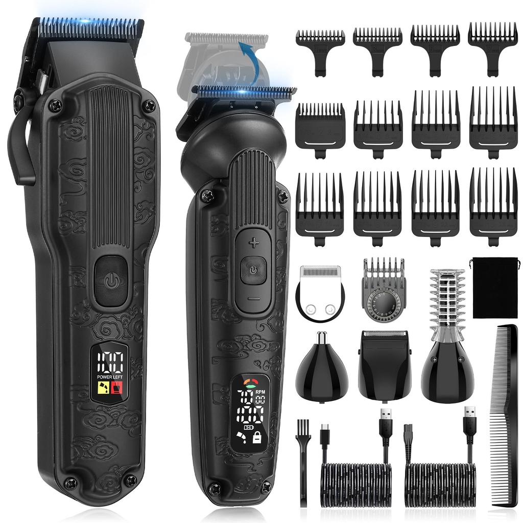 Professional Stainless Steel Hair Clipper - IPX7 Waterproof Trimmer with 0.8-2mm Taper Control & 8 Guide Combs