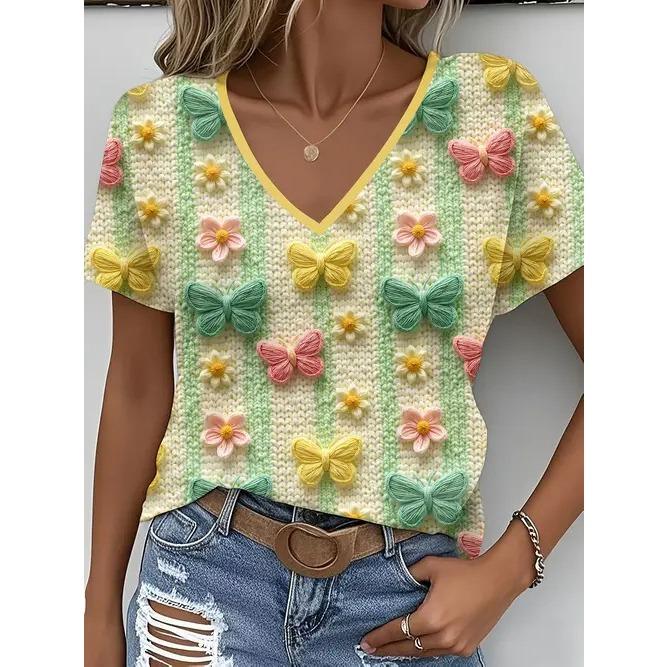 Summer V-neck 3D Flower Themed Pattern Printed Top Fashionable Casual Short Sleeved Women's T-shirts