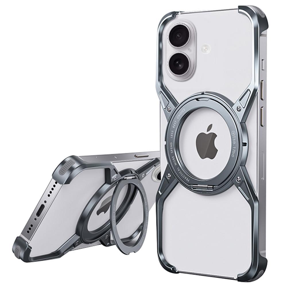 

For iPhone 16 Case Kickstand Frameless Aluminum Alloy Bumper Phone Cover Grey