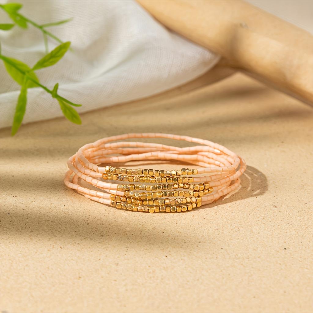 6 Stück/Set Bohemian Gestapeltes Perlenarmband Set Mehrfarbig Reiskorn Urlaubsstil Handketten Schmuck Kleines Geschenk Goldener Platz