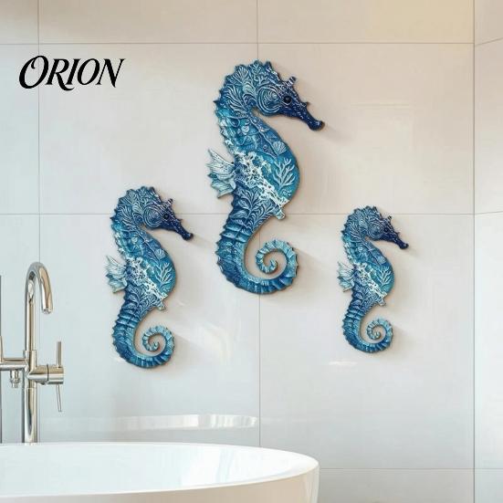 Gift for Ocean Lovers 3Pcs Wooden Seahorse Wall Decor, Coastal Home Sculpture, 2D Flat Bedroom Living Room Art Mediterranean Style Hanging Bathroom