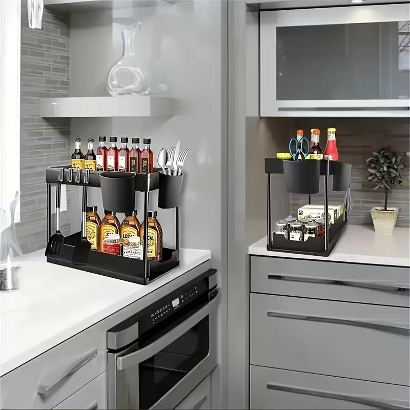 2 Layers Under Sink Organizer Sliding Cabinet Basket Organizer Storage Rack with Hooks Hanging Cup Bathroom Kitchen Organizer