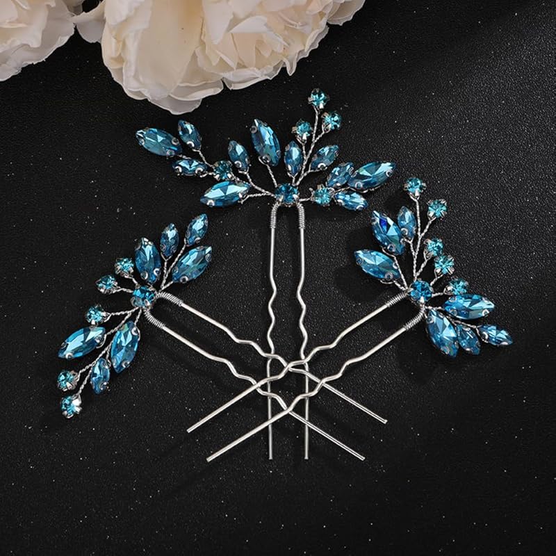 Teyglen 3pcs Crystal Bride Wedding Hair Pins Bridal Red Rhinestone Hair Pins Set Handmade Blue Black Red Crystal Hair Pieces Wedding Hair Accessories