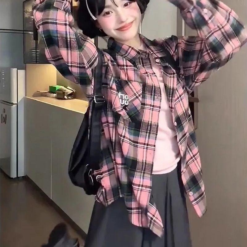 American Style Fashion Sping Autumn New Shirts Coats Women Lapel Plaid Single Breasted Youth Casual Long Sleeve Cardigan Jackets