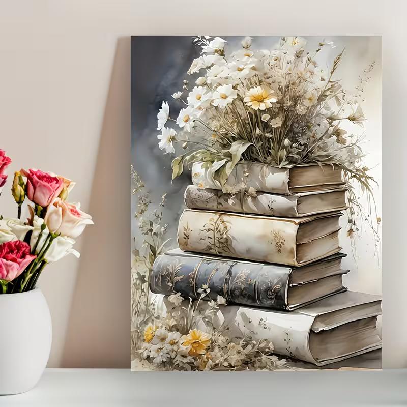 1pc Inspirational Canvas Wall Art - Book & Flower Design, Vintage Aged Books with Dried Flowers, Perfect for Living Room, Bedroom, or Office Decor