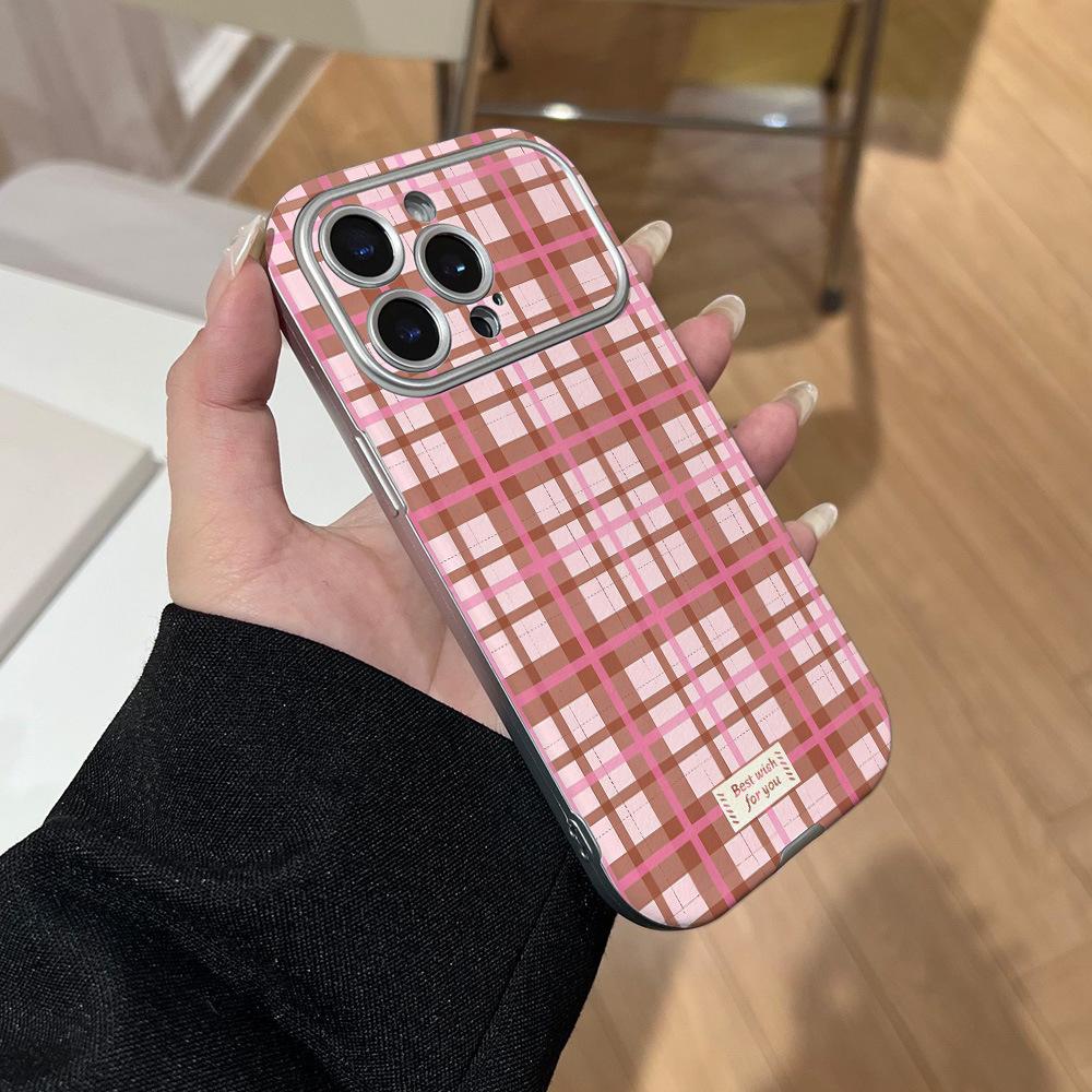 Applicable To Apple 17 Anti-drop Mobile Phone Case, Leather Pattern Large Window, Pink Brown Grid Stripe iPhone16PROMAX Soft Case 13