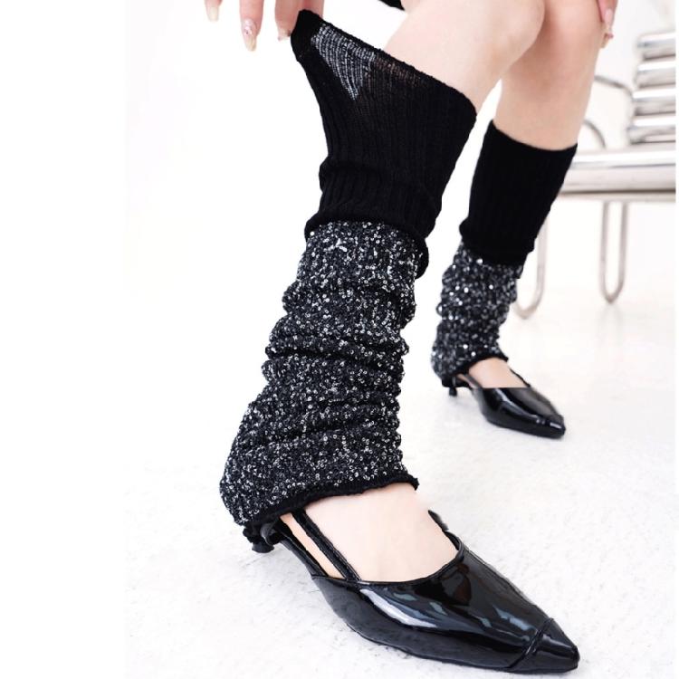 Scaldamuscoli a Maglia Costinata Copri Gamba Ornato con Paillettes Scintillanti Calze Lunghe Elasticizzate per Stivali per Esibizioni e Streetwear