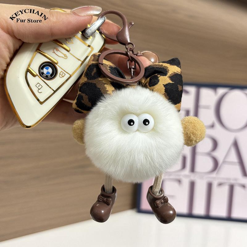 Cute Rabbit Fur Small Briquettes Keychain Car KeyRing Pendant Plush Key Chain School Bag Pendant Gift Kawaii Backpack Keychains