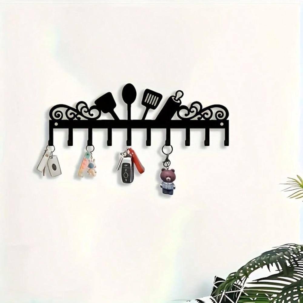 Metal Key Holder Wall Mount Black Kitchen Organizer 10 Hooks Elegant Silhouette