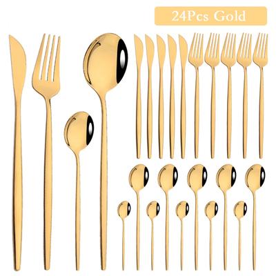 24-teiliges Luxus-Besteckset aus Edelstahl mit Spiegelgold, Western-Messer, Gabel, Löffel, Besteck, Küchenbesteck