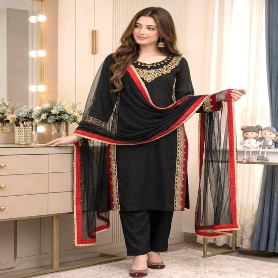Black Silk Kurta Set with Red & Gold Embroidered Borders and Net Dupatta