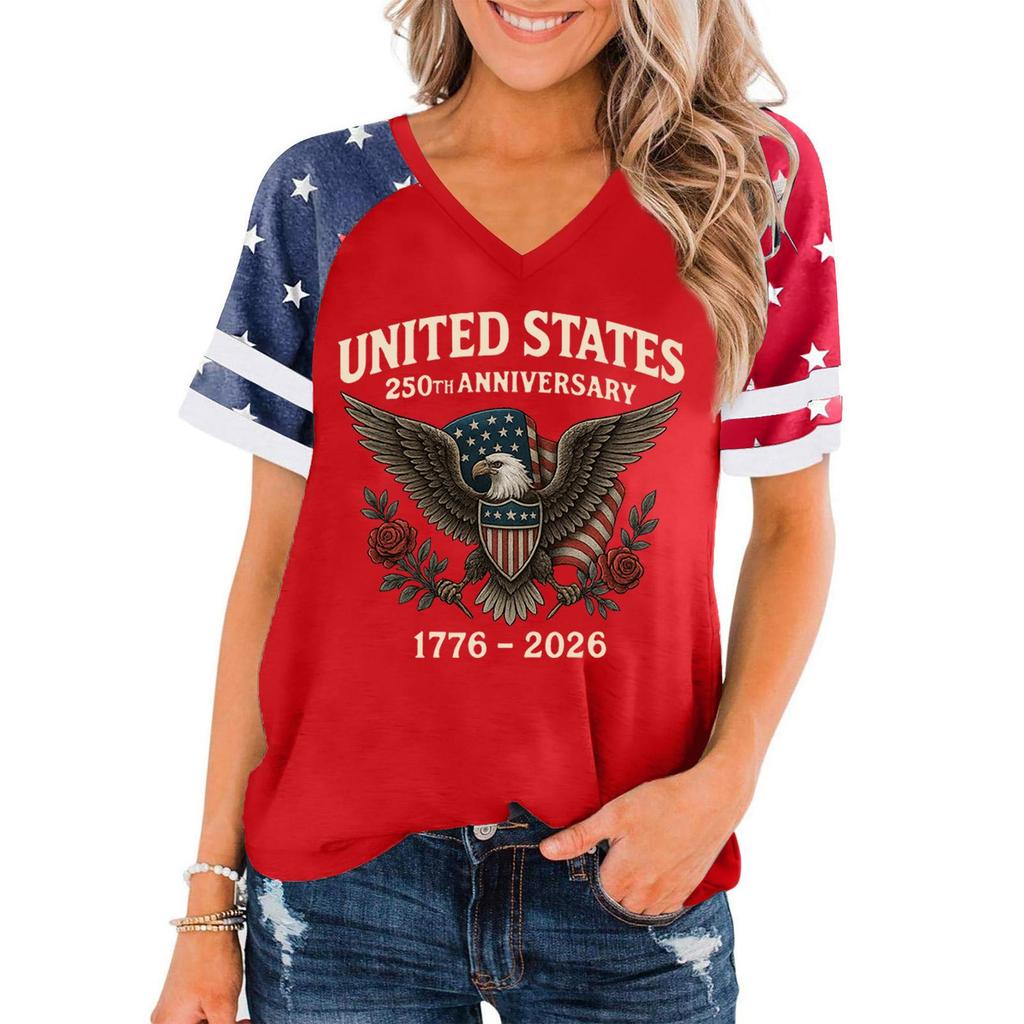 Women Casual V Neck Short Sleeve Pullover T Shirt 250th Anniversary Graphic Print Top United States Independence Day