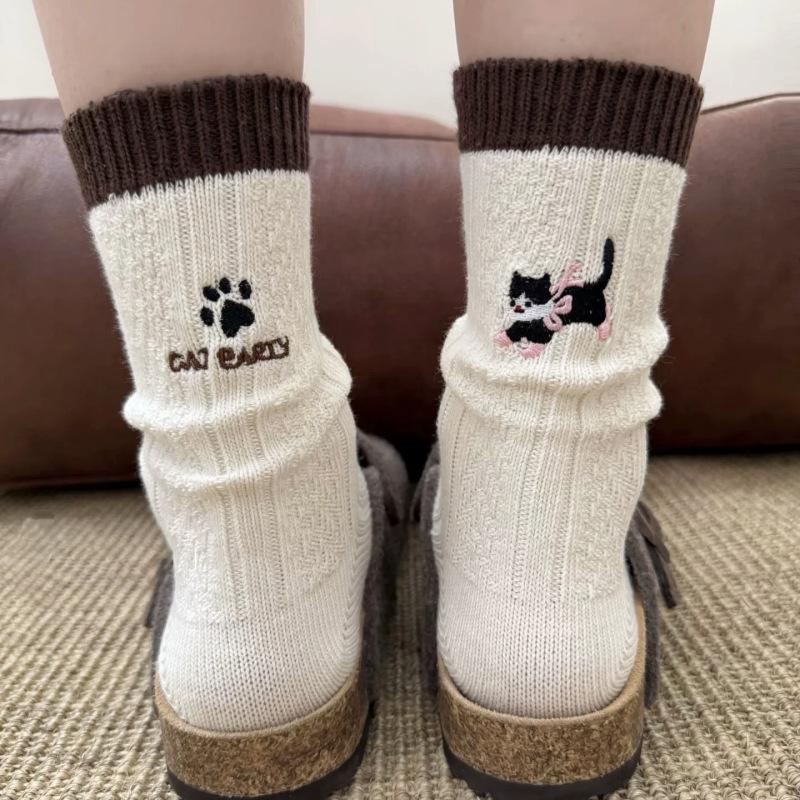 

Contrast Color Heel Cat Dog Paw Ab Embroidery Tube Socks Children British Thick Thread Knitted Stacking Socks One size брудно-білий