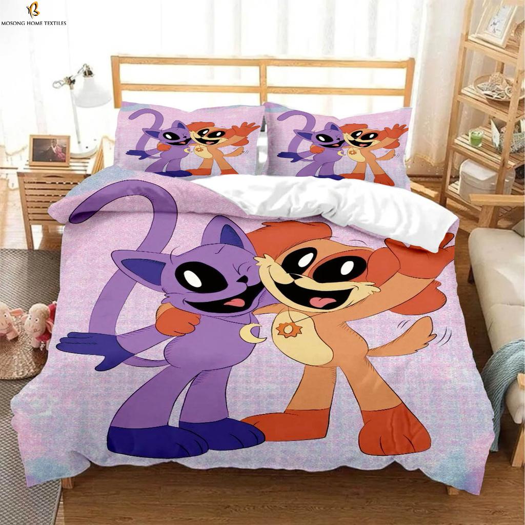 Cute Funny Cartoon Print Quilt Cover 100% Polyester Machine Washable Bedding Set Quilt Cover Pillowcase Three-Piece Set
