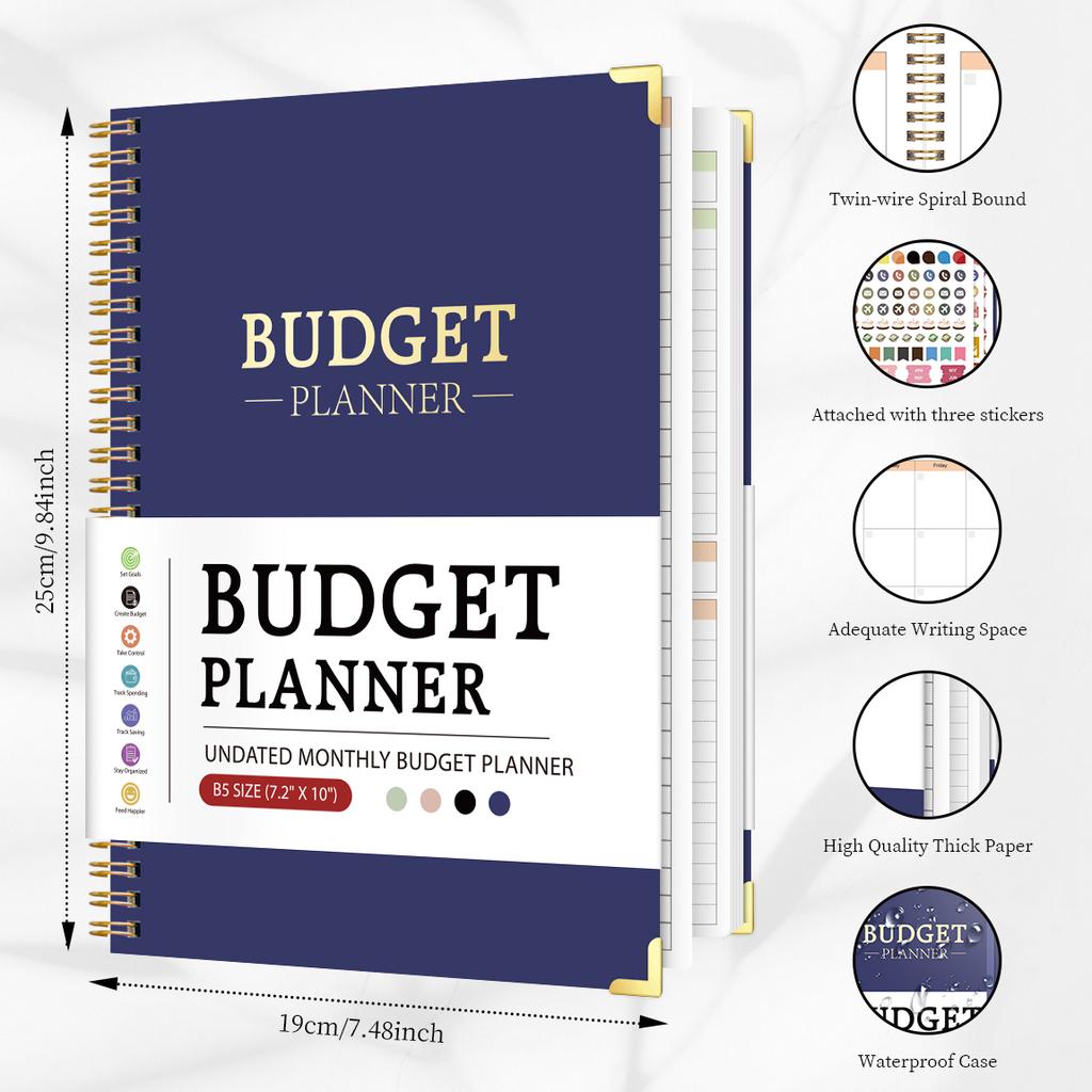 1Pc Blue Undated Budget Planner Spiral Monthly Finance Organizer With Savings Tracker Debt Tracker Expense Log Stickers
