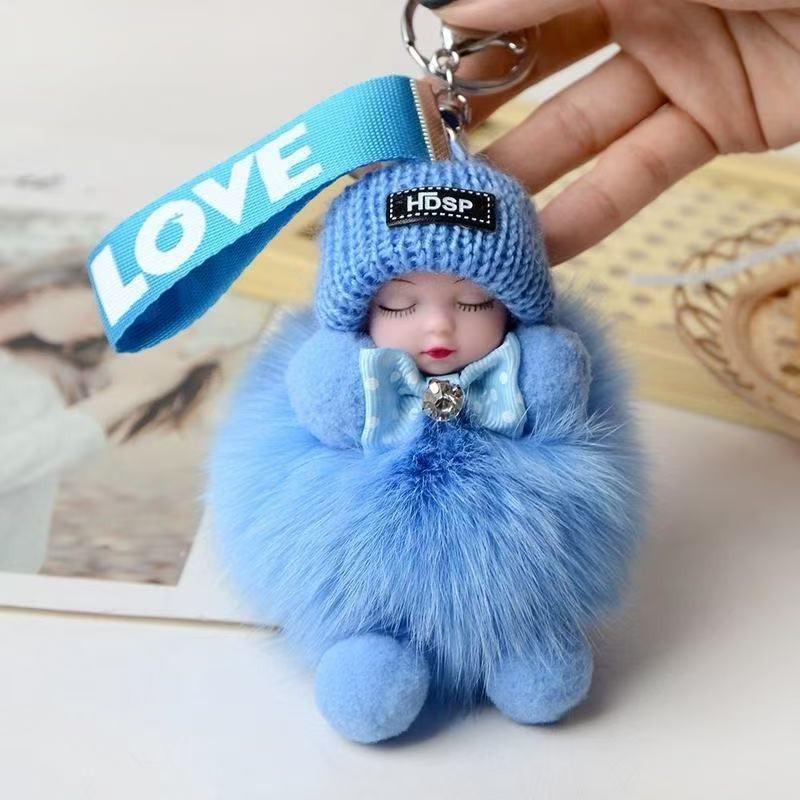 Genuine Fox Fur Sleep Doll Keychain Plush Pom-Pom Accessory