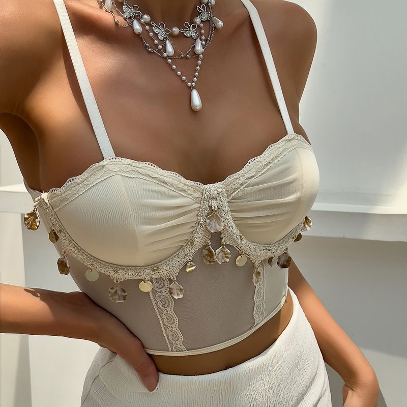 INS Pure Desire Mesh High Elastic Comfortable Lace Small Lace Shell Ornaments Steel Ring Pleated Pure Color Small Vest