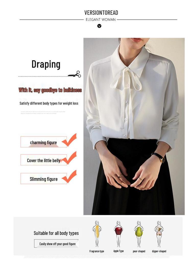 Women's Professional White Long Sleeve Shirt with Tie Detail - Ideal for Teacher Interviews and Commuting