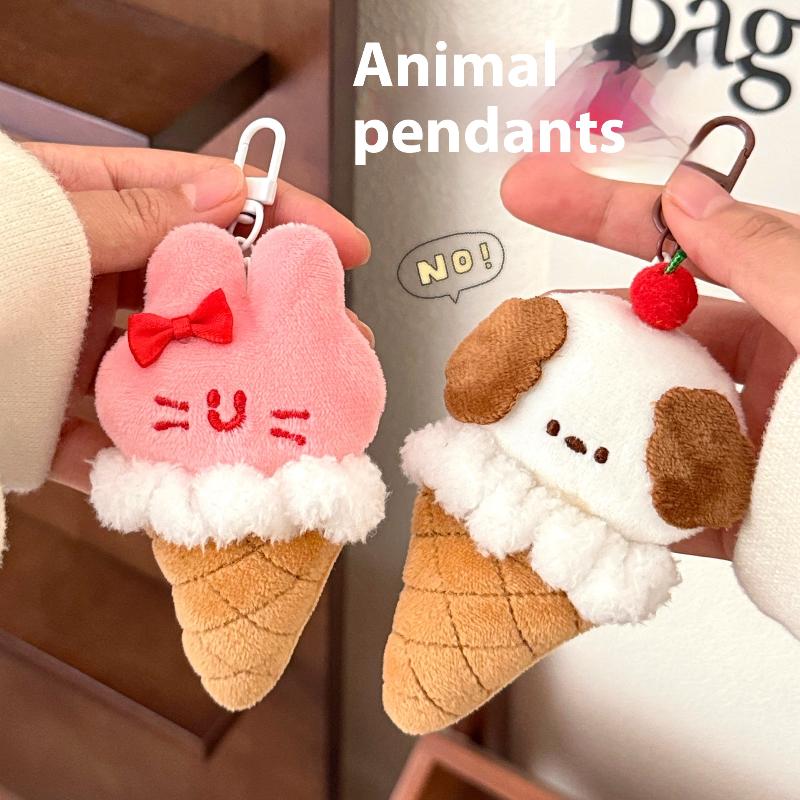 Chaveiro de Pelúcia Animal de Desenho Animado Fofo Sorvete Kawaii Cachorro Coelho Urso Boneca de Pelúcia Pingente Brinquedo Argola de Chave Decoração de Mochila Presentes