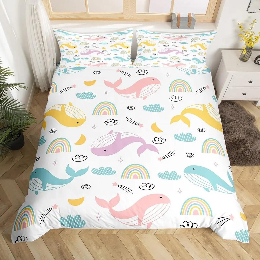 Blauer Bettbezug mit Meereswalen, King-Size-Bett, Cartoon-Meerestiere, Kinderbettwäsche-Set, Küstenstrand, Bettbezug, Meereswellen, Bettbezug
