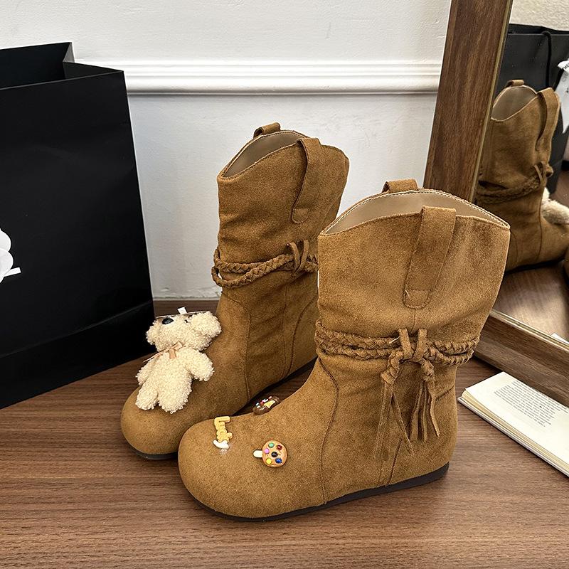 

Retro cute cartoon shirley rose fashion boots autumn and winter fashion design sense braid tassel mid tube martin boots 40 верблюд