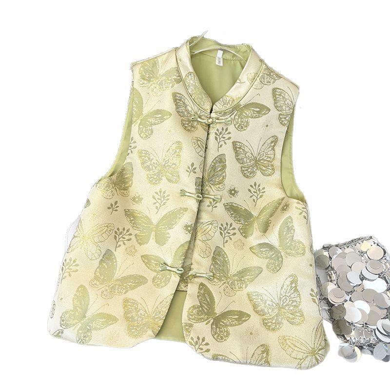 Retro Butterfly Button Stand-up Collar Jacquard Vest Women's 2025 New High-end Top