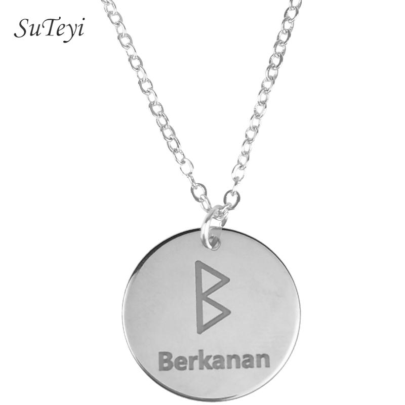 Round 25 Rune Letter Pendant Necklace Silver Color Stainless Steel Disc Viking Necklaces For Women Men