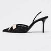 Fashion Fashion Black Sequined Mesh Bowknot Women Pumps Elegant Pointed Toe Office Lady High Heels Summer Sexy Slingbacks Sandals Shoes