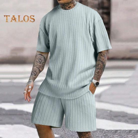 2 ks/sada Pánský sportovní oblek Tričko s krátkým rukávem do O výstřih Elastický pas Široké nohavice Šortky s kapsami Sada Žakárová textura Běžecké oblečení