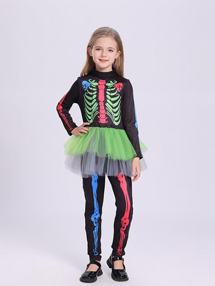 Halloween Rainbow Skeleton Female Dress Colorful Skull Costume Toddler Funky Punky Bone Cosplay Outfit Carnival Fancy Apparel S&Bone