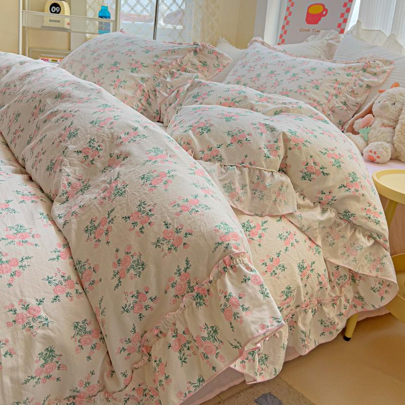 Korean Princess Style Floral Ruffles Bedding Set Washed Cotton Skin-friendly Soft Duvet Covers Set Bed Sheet Pillowcases 3/4Pcs