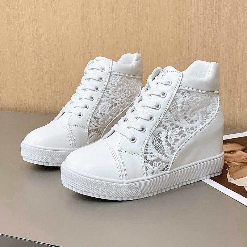 Damskie Sneakersy na Koturnie Platformie Gumowe Obcasy Sznurowane Buty Zwiększające Wzrost Białe Grube Podeszwy