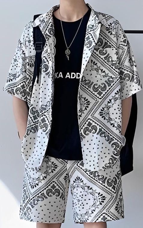 Paisley Pattern Short Sleeve Shorts Top and Bottom Set Street Style Collared Shirt and Shorts Set Short Sleeve Set Setup 2 Piece Set Patterned Shirt