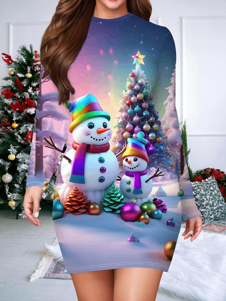 2025 Autumn and Winter New Women's Hip-wrapped Dress,3D Christmas Printing and Dyeing Women's Fashion Long-sleeved Round Neck Sexy Hip-wrapped Dress