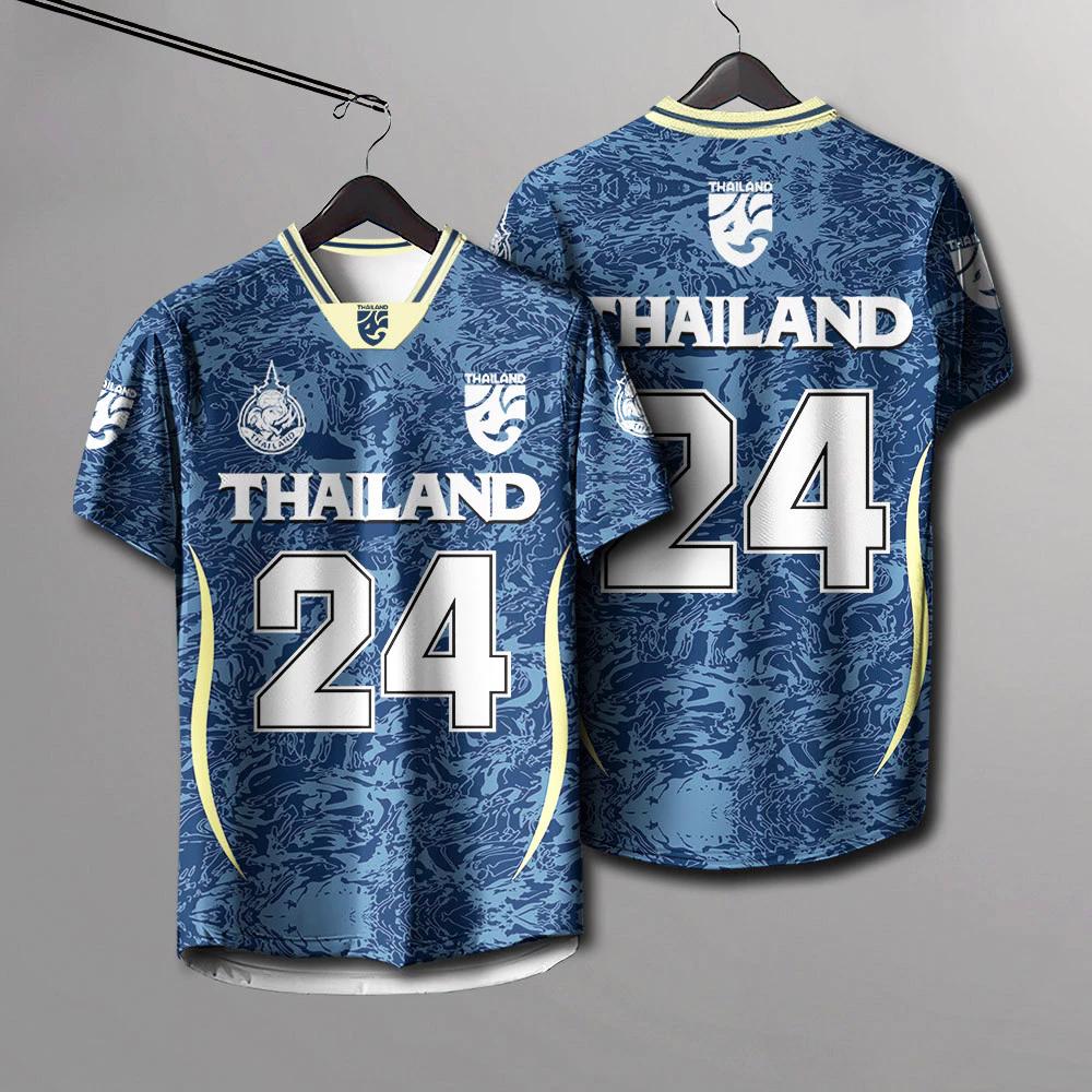 

ТАИЛАНД Футбол Футбол V-образный вырез Цвет Винтажная Футболка Национальный Логотип Слона Значок Унисекс Мужчины Женщины Тренировочная ФУТБОЛКА Принт Быстросохнущая Короткий рукав Форма 5XL