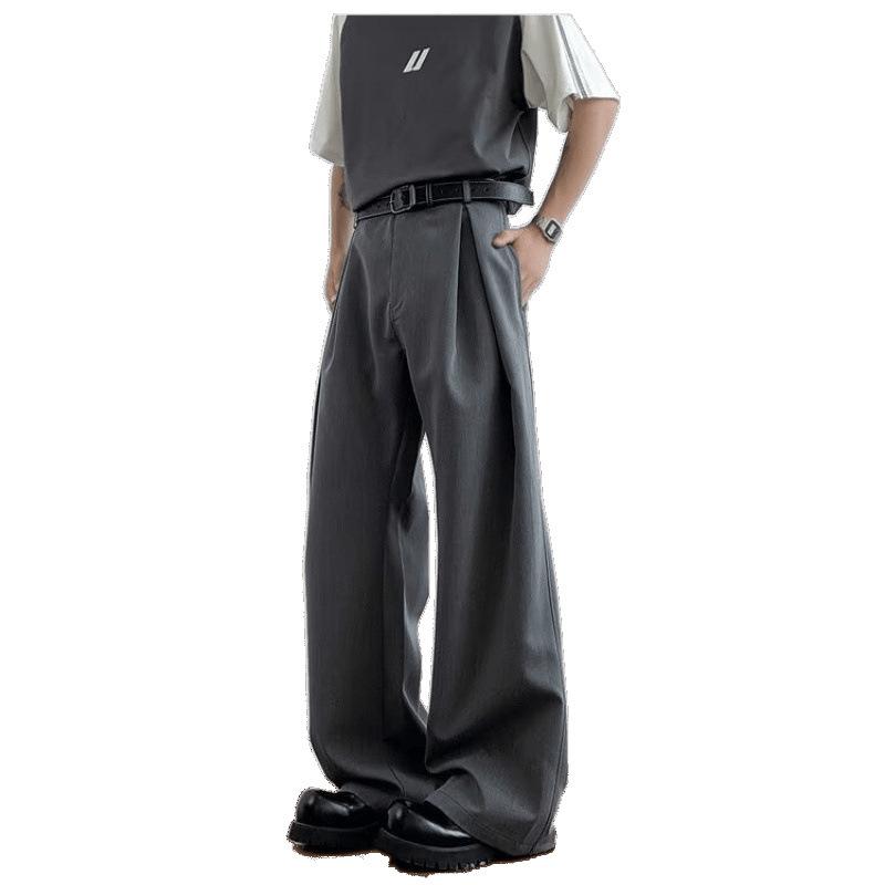 Korean version of retro silhouette vertical scimitar suit pants men's lazy wind wrinkled design loose straight wide-leg casual pants