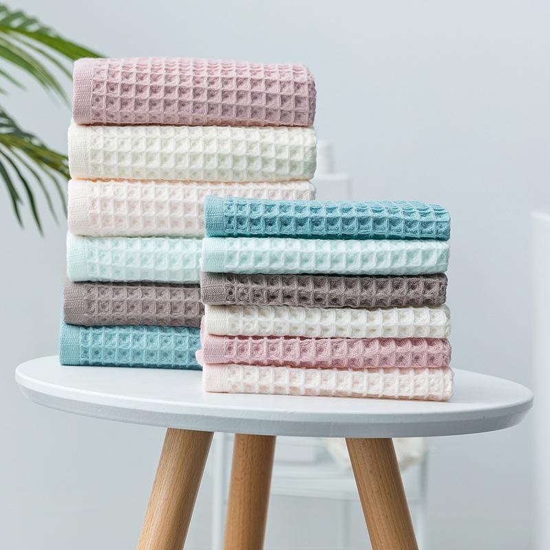 Japanese Style Pure Cotton Waffle Weave Face Towel, Solid Color, 34x74CM, Absorbent & Quick-Drying.