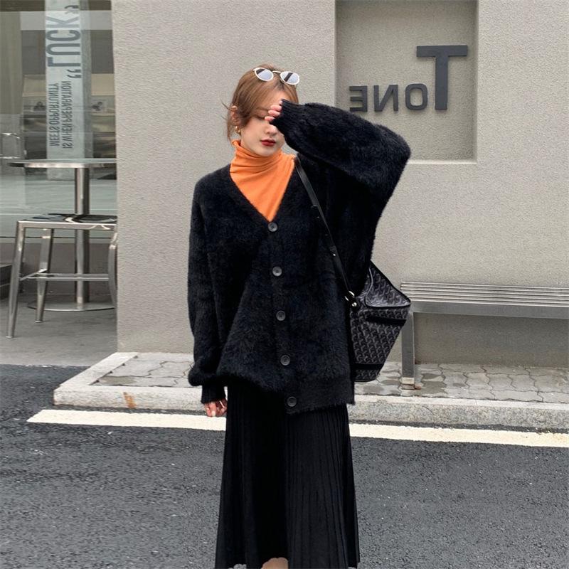 Japanese Style V-Neck Loose Knit Mink Cardigan - Spring/Autumn 2025 Fashion Sweater for Women