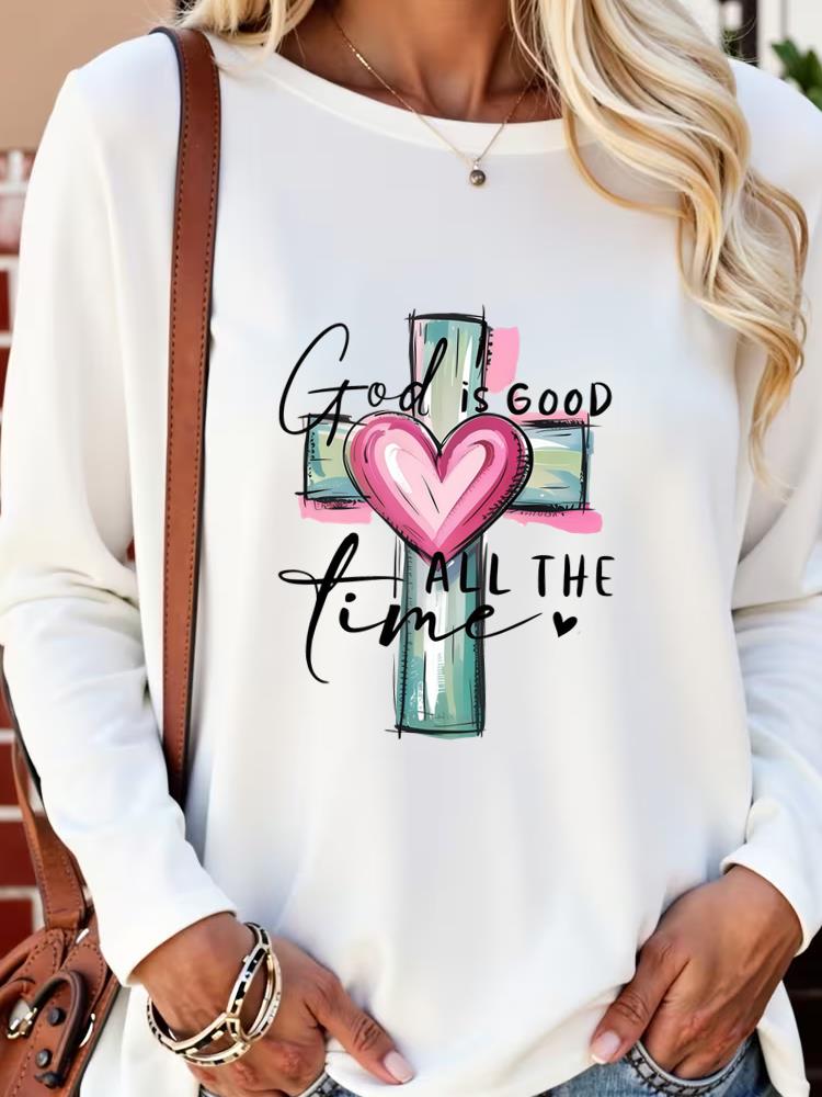 (Asian Size) faith trend flower autumn winter spring Casual Fashion Print T Shirt Tee Women Clothing Top o-neck Graphic Long Sleeve T-shirts