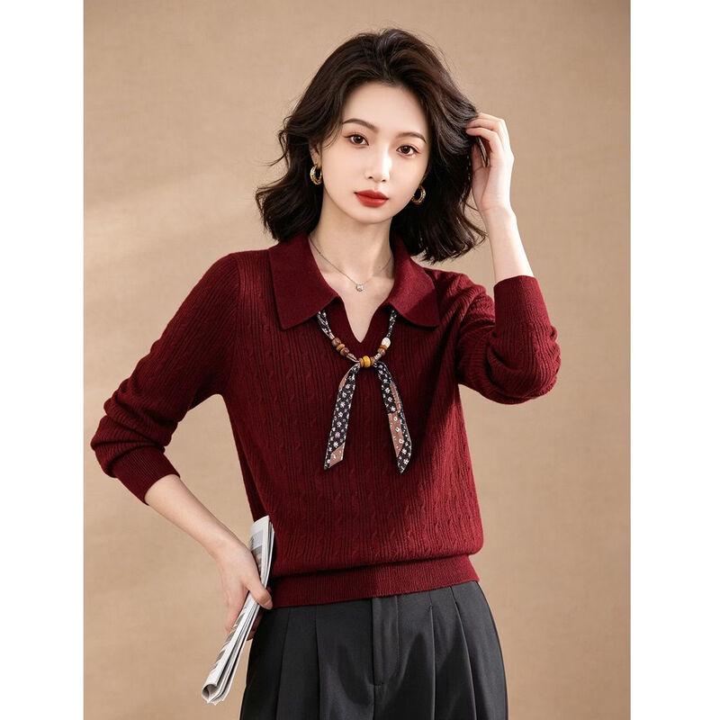 Women's Ribbed Knit Long-Sleeve Collared Sweater with Ribbon Detail