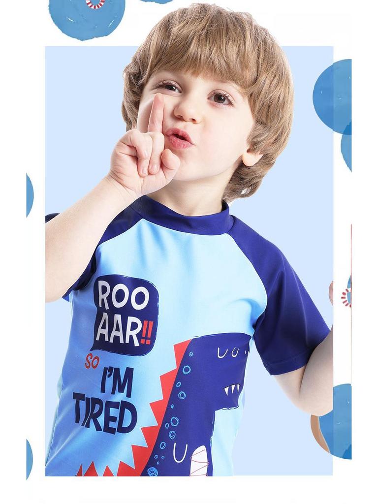 Boys' Dinosaur Print Three-Piece Swimsuit Set (2025) - Short Sleeve