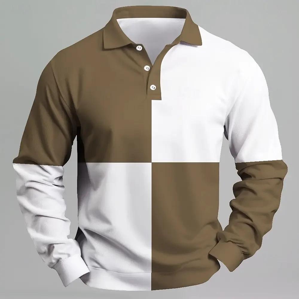 2025 Fashion Men's Color Blocked Long Sleeved Collar T-shirt with Printed Breathable Casual Top Slim Fit and Quick Drying