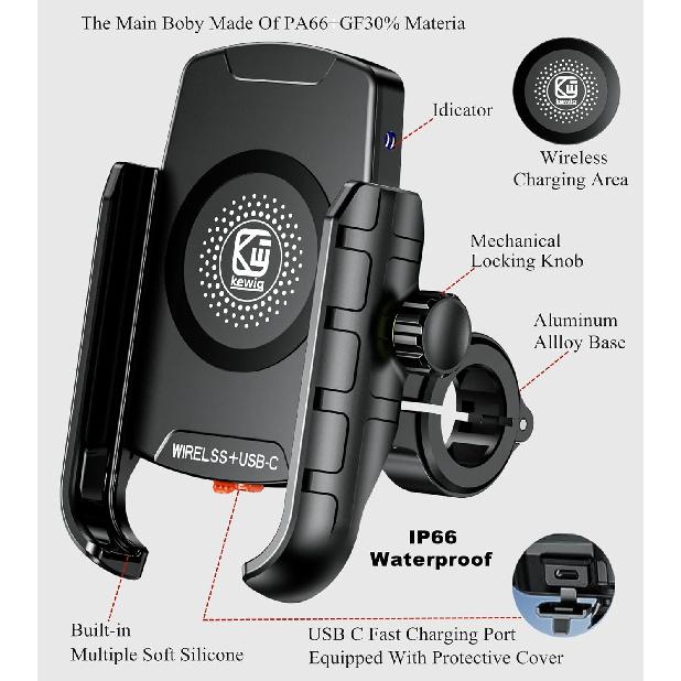 BRCOVAN Motorcycle Phone Mount Holder With Qi 15W Wireless Charger & PD/USB-C 20W Fast Charging Port, Waterproof Cellphone Cradle With Aluminum Alloy